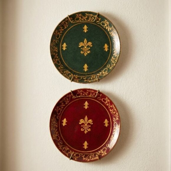 Andrea By Sadek Other - Pair of Andrea by Sadek Decorative Plates Fleur-de-Lis Maroon Green Gold Regal